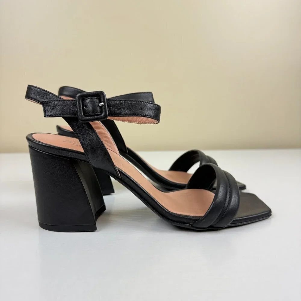 Prezioso Black Leather Stack Heel Sandals Made In Italy